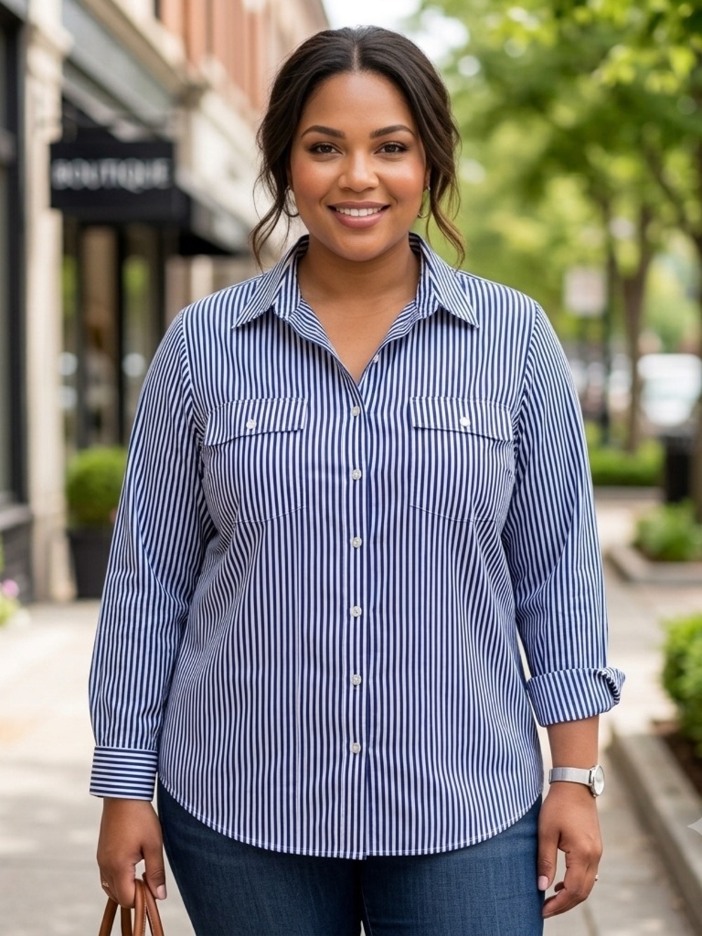 Notations Navy and White Striped Button-Down Shirt